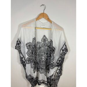 Woven Heart Kimono Topper Shawl Duster Bohemian Black White One Size OS